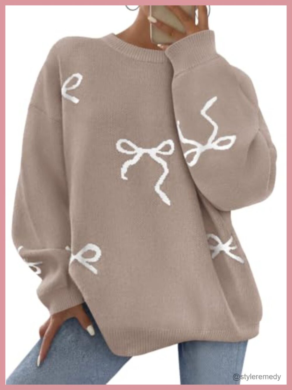 Women Chunky Knit Oversized Bow Print Pullover Sweater Long Sleeve Crew Neck